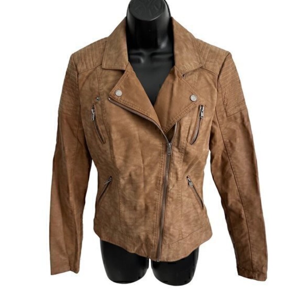 Only‎ Faux Leather Zip Up Biker Jacket Tan Brown Size 34 / 2